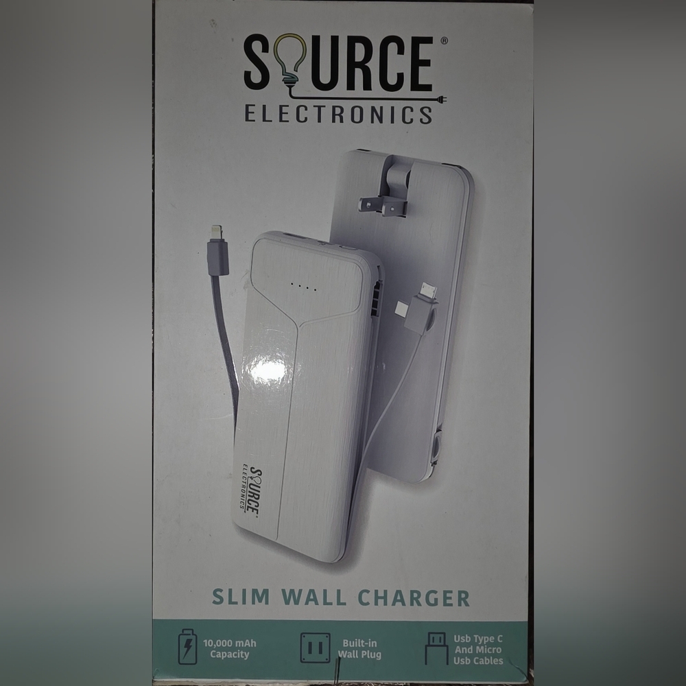Slim White Wall Charger/ Power Bank with Built-in Cables